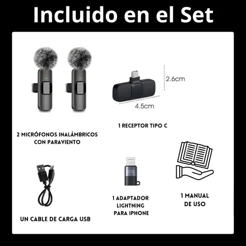 Mini Micrófono Inalámbrico 2.4G de Solapa | Doble Clip y Conector Lightning